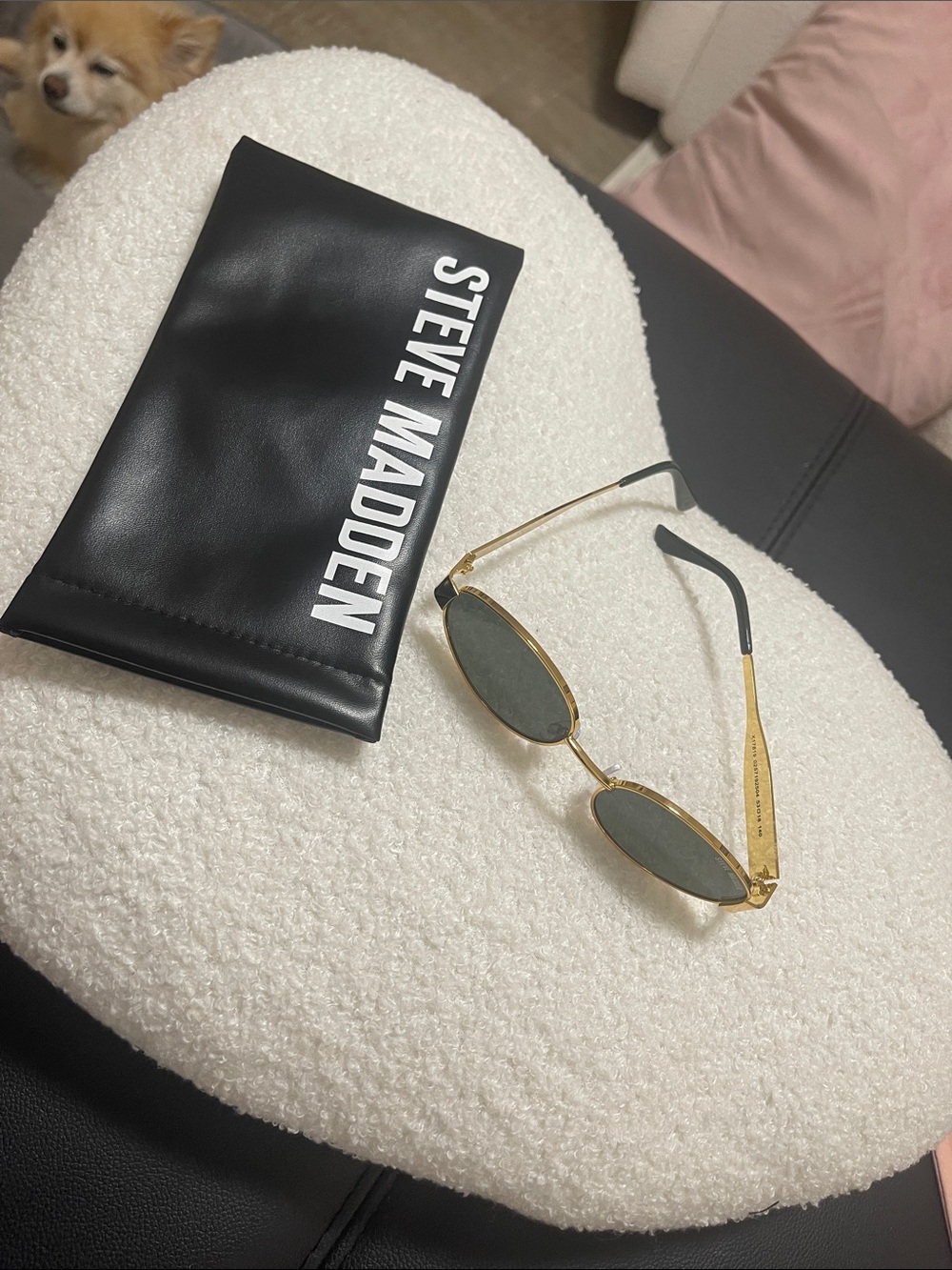 Steve Madden Gold Frame Sunglasses with Dark Green Lenses and Black Pouch